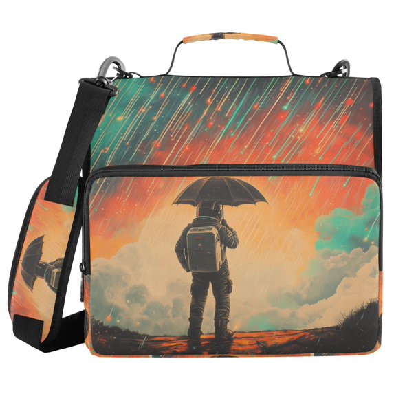 FORMRS Zipper Binder with Shoulder Strap 2-inch Ring 500 Sheet Capacity File Bag, Astronaut in Rain