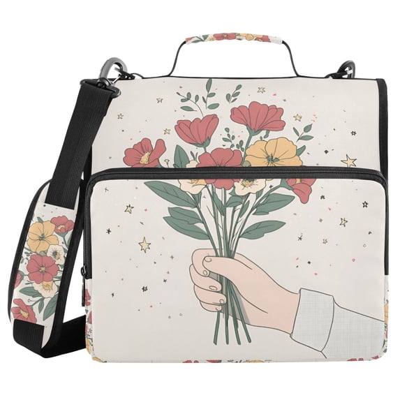 FORMRS Zipper Binder with Shoulder Strap 2-inch Ring 500 Sheet Capacity File Bag, Beige Cute Flower