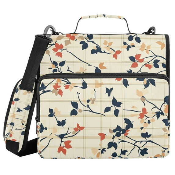 FORMRS Zipper Binder with Shoulder Strap 1.5-inch Ring 500 Sheet Capacity File Bag, Beige Leaves Plaid