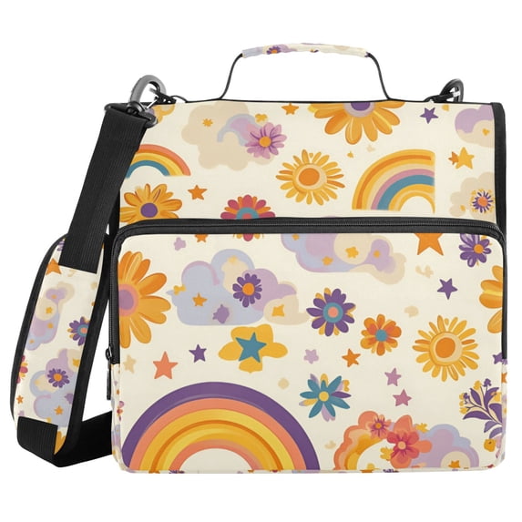 FORMRS Zipper Binder with Shoulder Strap 2-inch Ring 500 Sheet Capacity File Bag, Beige Retro Rainbow