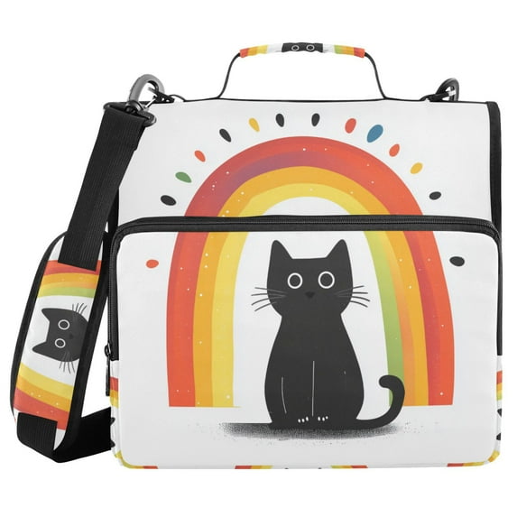 FORMRS Zipper Binder with Shoulder Strap 1.5-inch Ring 500 Sheet Capacity File Bag, Black Cat Rainbow
