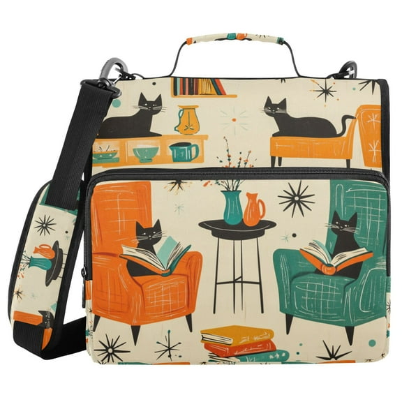 FORMRS Zipper Binder with Shoulder Strap 1.5-inch Ring 500 Sheet Capacity File Bag, Black Cats Reading