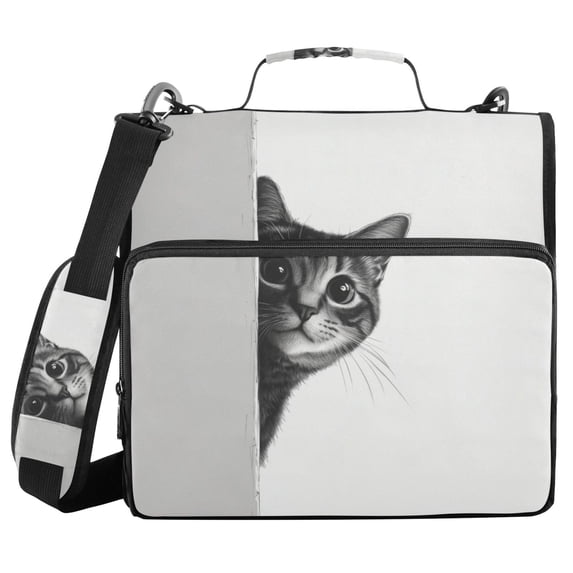 FORMRS Zipper Binder with Shoulder Strap 2-inch Ring 500 Sheet Capacity File Bag, Black Cute Cat