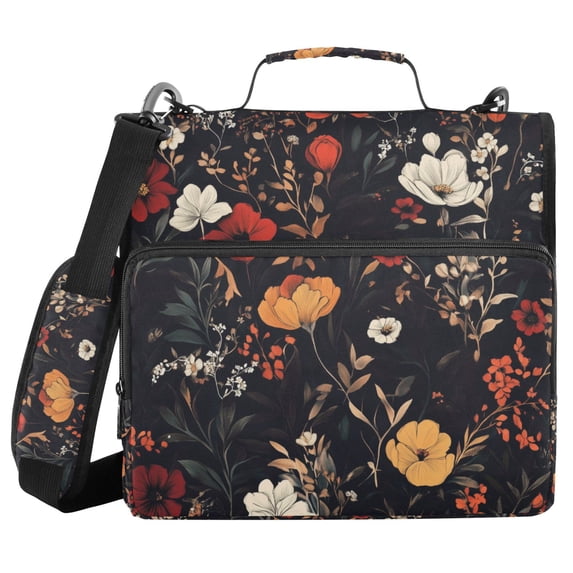 FORMRS Zipper Binder with Shoulder Strap 2-inch Ring 500 Sheet Capacity File Bag, Black Floral Pattern