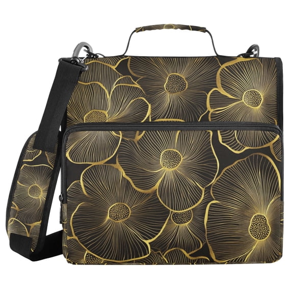 FORMRS Zipper Binder with Shoulder Strap 2-inch Ring 500 Sheet Capacity File Bag, Black Flower Pattern