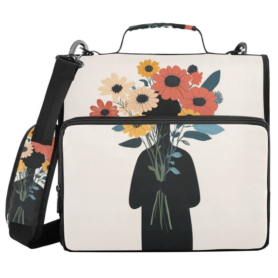 FORMRS Zipper Binder with Shoulder Strap 2-inch Ring 500 Sheet Capacity File Bag, Black Flowers