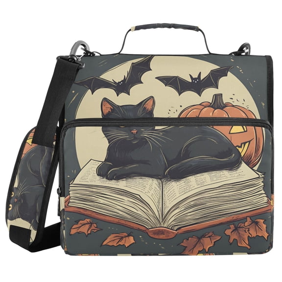 FORMRS Zipper Binder with Shoulder Strap 1.5-inch Ring 500 Sheet Capacity File Bag, Black Halloween Cat
