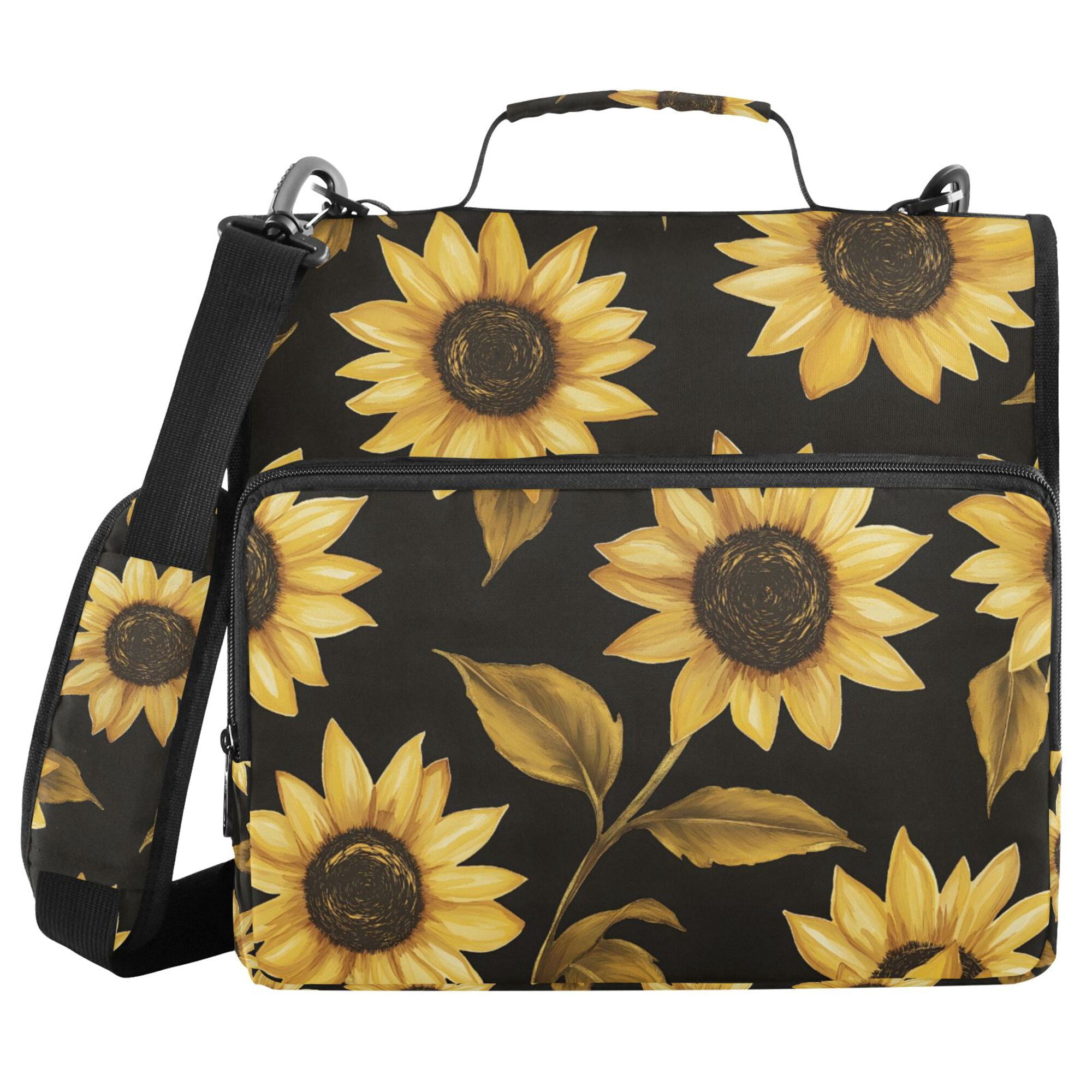 FORMRS Zipper Binder with Shoulder Strap 2-inch Ring 500 Sheet Capacity File Bag, Black Sunflower Pattern