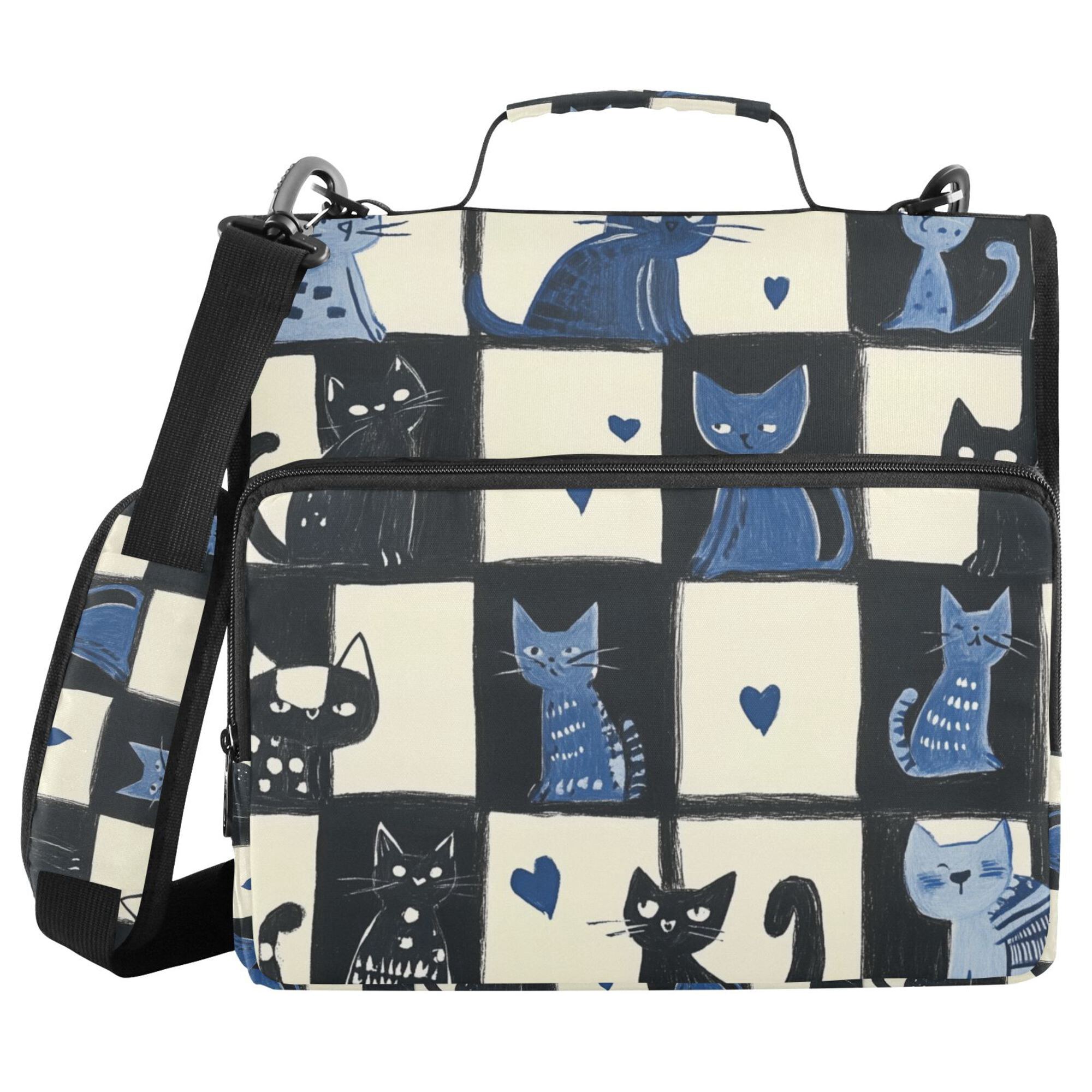 FORMRS Zipper Binder with Shoulder Strap 2-inch Ring 500 Sheet Capacity File Bag, Black and Blue Cat