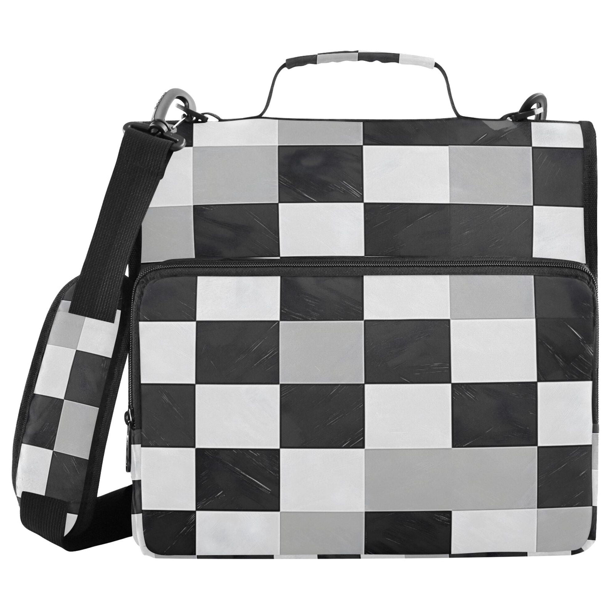 FORMRS Zipper Binder with Shoulder Strap 2-inch Ring 500 Sheet Capacity File Bag, Black and Gray Plaid Pattern