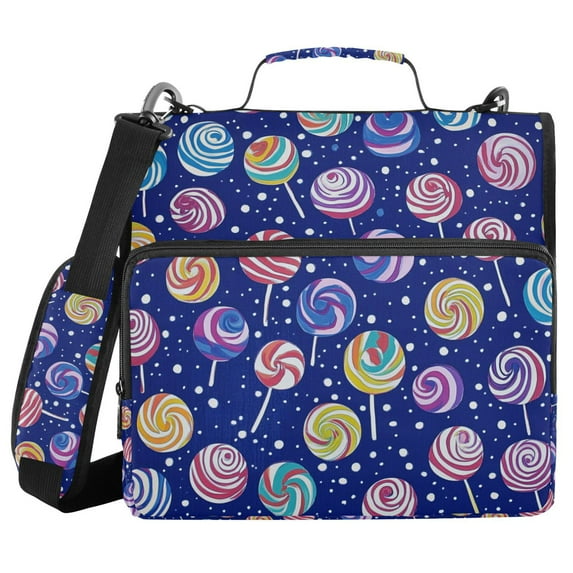 FORMRS Zipper Binder with Shoulder Strap 1.5-inch Ring 500 Sheet Capacity File Bag, Blue Colorful Candies