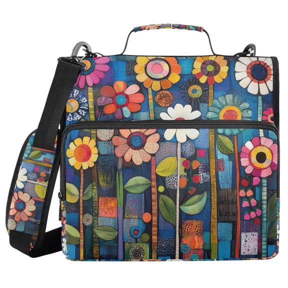 FORMRS Zipper Binder with Shoulder Strap 2-inch Ring 500 Sheet Capacity File Bag, Blue Colorful Flowers