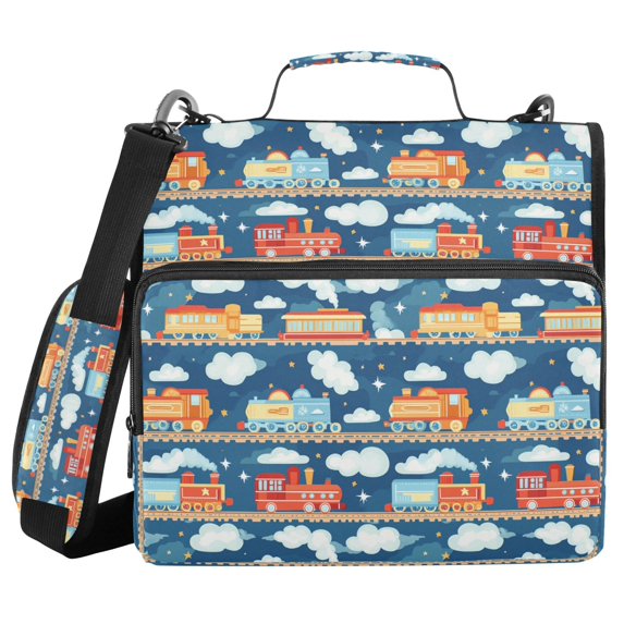 FORMRS Zipper Binder with Shoulder Strap 2-inch Ring 500 Sheet Capacity File Bag, Blue Cute Train Pattern
