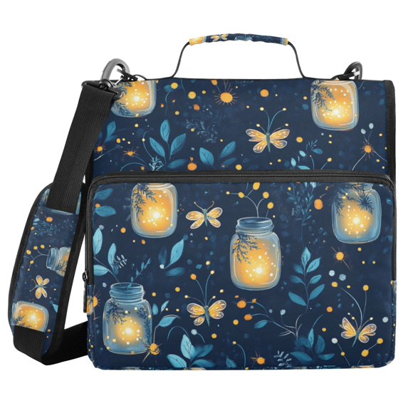 FORMRS Zipper Binder with Shoulder Strap 2-inch Ring 500 Sheet Capacity File Bag, Blue Fireflies Pattern