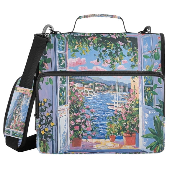 FORMRS Zipper Binder with Shoulder Strap 2-inch Ring 500 Sheet Capacity File Bag, Blue Floral Window