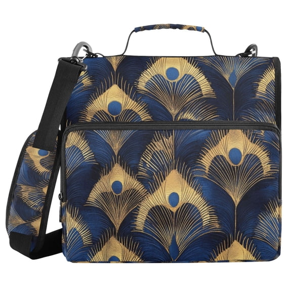 FORMRS Zipper Binder with Shoulder Strap 2-inch Ring 500 Sheet Capacity File Bag, Blue Peacock Feathers Pattern