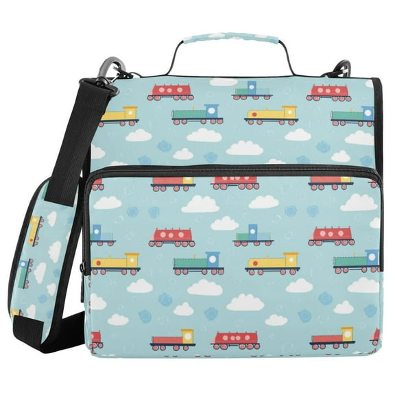 FORMRS Zipper Binder with Shoulder Strap 1.5-inch Ring 500 Sheet Capacity File Bag, Blue Trains Pattern