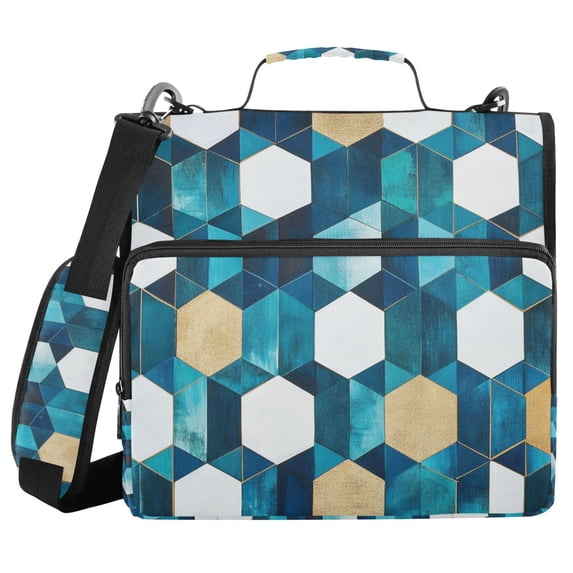 FORMRS Zipper Binder with Shoulder Strap 2-inch Ring 500 Sheet Capacity File Bag, Blue White Geometric Patterns