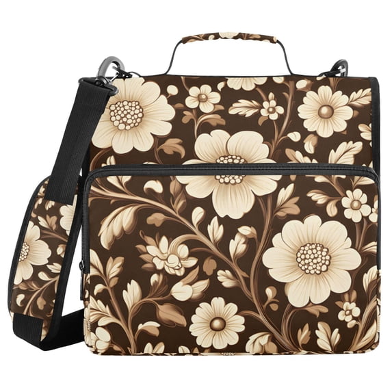 FORMRS Zipper Binder with Shoulder Strap 2-inch Ring 500 Sheet Capacity File Bag, Brown Floral