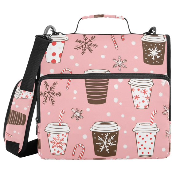 FORMRS Zipper Binder with Shoulder Strap 2-inch Ring 500 Sheet Capacity File Bag, Brown Hand Drawn Cups