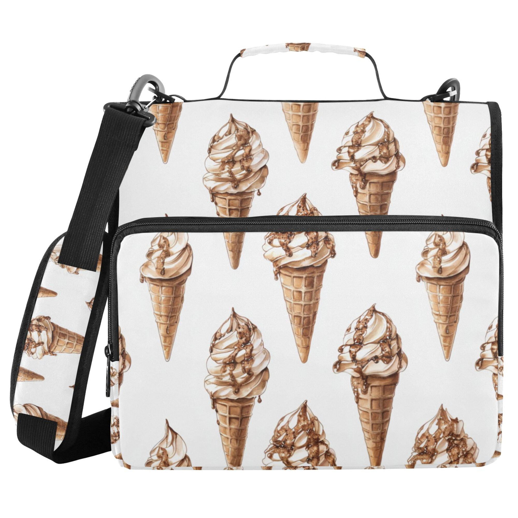 FORMRS Zipper Binder with Shoulder Strap 2-inch Ring 500 Sheet Capacity File Bag, Brown Ice Cream Pattern