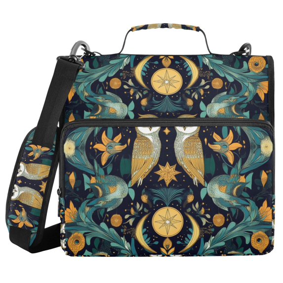 FORMRS Zipper Binder with Shoulder Strap 2-inch Ring 500 Sheet Capacity File Bag, Brown Mystical Owls