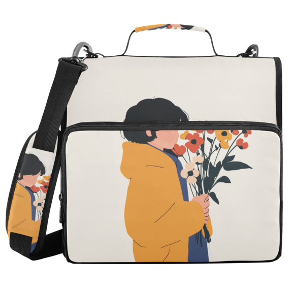 FORMRS Zipper Binder with Shoulder Strap 2-inch Ring 500 Sheet Capacity File Bag, Cartoon Flowers
