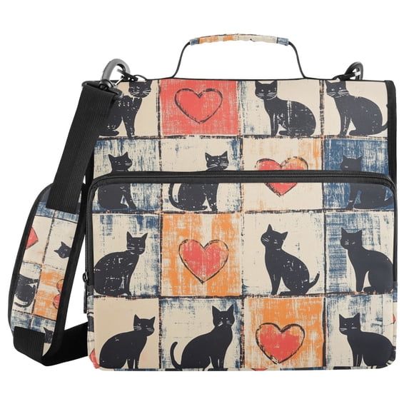 FORMRS Zipper Binder with Shoulder Strap 2-inch Ring 500 Sheet Capacity File Bag, Cats and Hearts