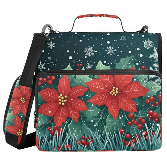 FORMRS Zipper Binder with Shoulder Strap 1.5-inch Ring 500 Sheet Capacity File Bag, Christmas Poinsettia