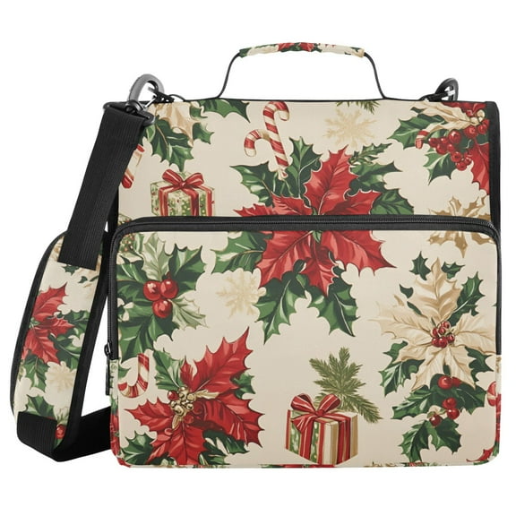 FORMRS Zipper Binder with Shoulder Strap 1.5-inch Ring 500 Sheet Capacity File Bag, Christmas Poinsettia