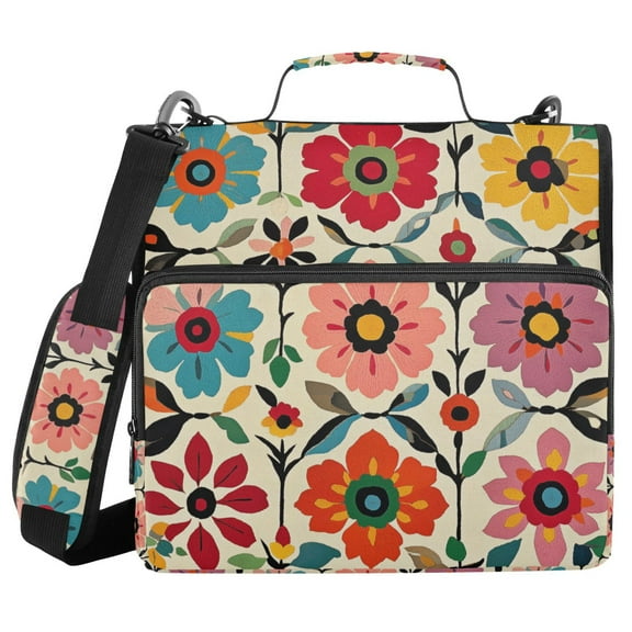 FORMRS Zipper Binder with Shoulder Strap 1.5-inch Ring 500 Sheet Capacity File Bag, Colorful Flowers