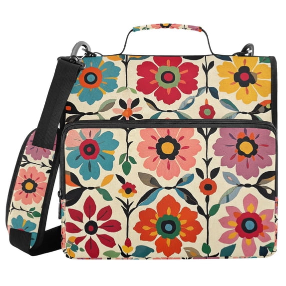 FORMRS Zipper Binder with Shoulder Strap 2-inch Ring 500 Sheet Capacity File Bag, Colorful Flowers