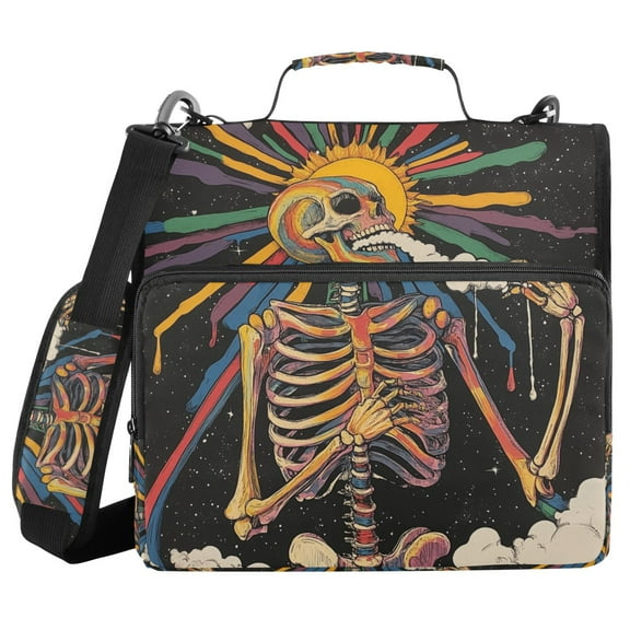 FORMRS Zipper Binder with Shoulder Strap 1.5-inch Ring 500 Sheet Capacity File Bag, Colorful Skeleton Sun