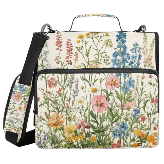 FORMRS Zipper Binder with Shoulder Strap 2-inch Ring 500 Sheet Capacity File Bag, Colorful Wildflowers