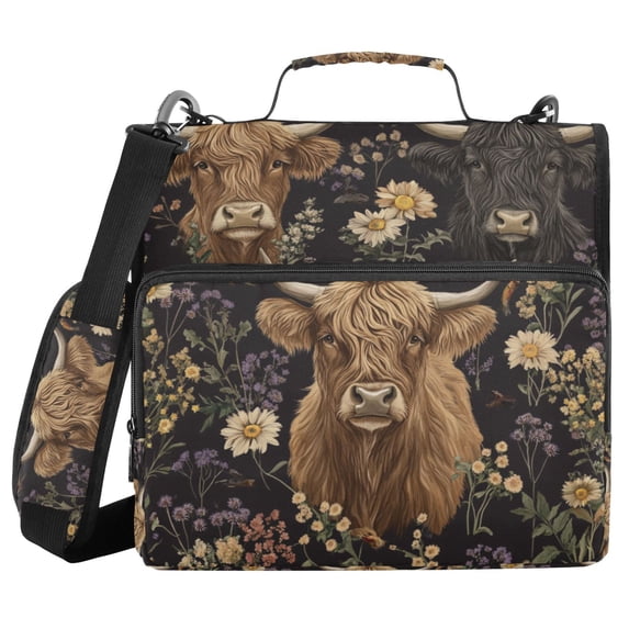 FORMRS Zipper Binder with Shoulder Strap 2-inch Ring 500 Sheet Capacity File Bag, Cows and Flowers