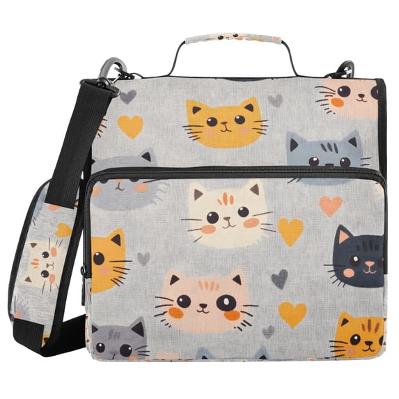 FORMRS Zipper Binder with Shoulder Strap 2-inch Ring 500 Sheet Capacity File Bag, Cute Cartoon Cat