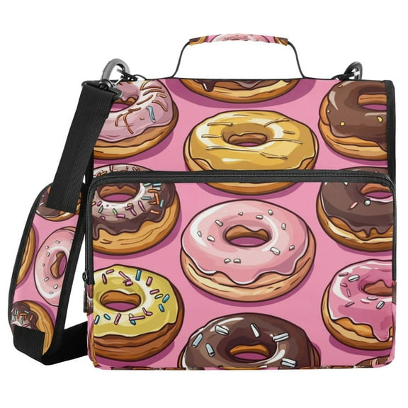 FORMRS Zipper Binder with Shoulder Strap 1.5-inch Ring 500 Sheet Capacity File Bag, Cute Doughnuts Pattern