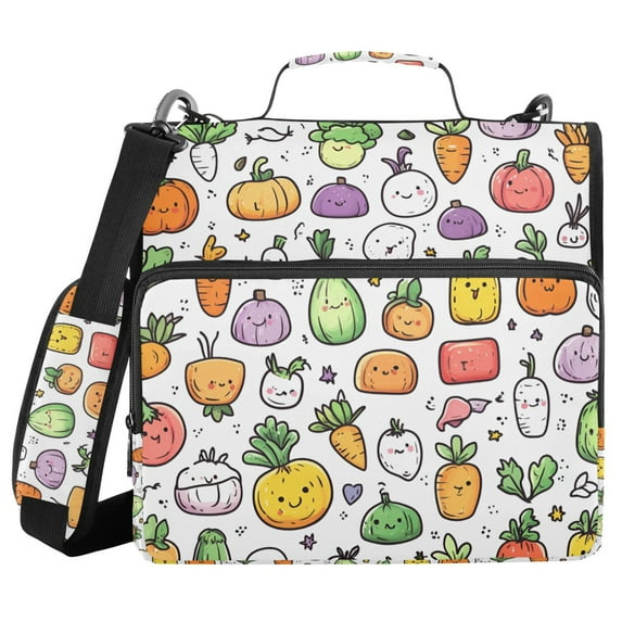 FORMRS Zipper Binder with Shoulder Strap 1.5-inch Ring 500 Sheet Capacity File Bag, Cute Vegetables