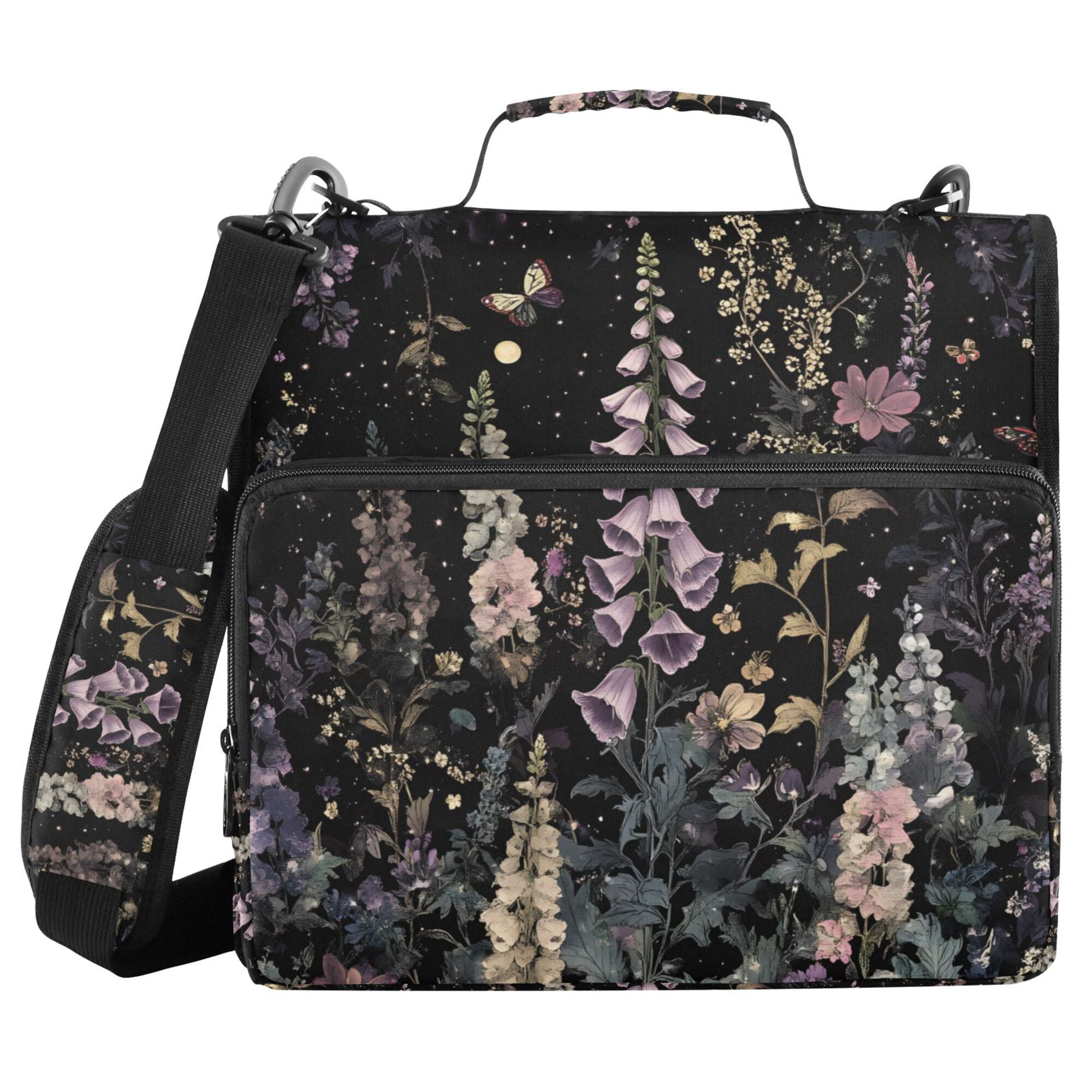 FORMRS Zipper Binder with Shoulder Strap 2-inch Ring 500 Sheet Capacity File Bag, Dark Flowers Pattern