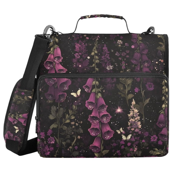 FORMRS Zipper Binder with Shoulder Strap 2-inch Ring 500 Sheet Capacity File Bag, Dark Purple Floral Pattern