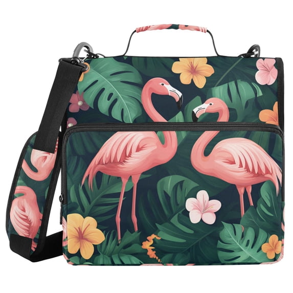 FORMRS Zipper Binder with Shoulder Strap 2-inch Ring 500 Sheet Capacity File Bag, Flamingo Leaves Pattern