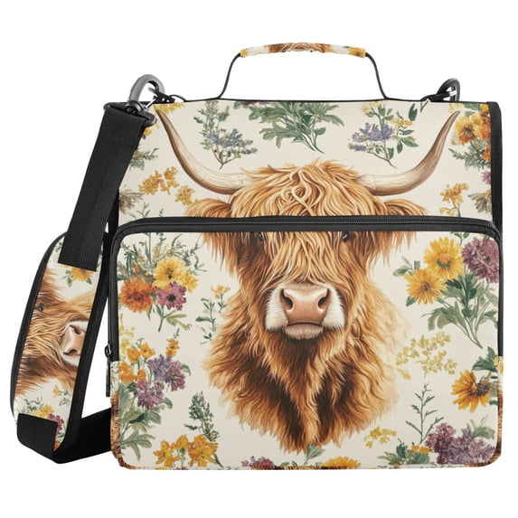 FORMRS Zipper Binder with Shoulder Strap 2-inch Ring 500 Sheet Capacity File Bag, Floral Cow
