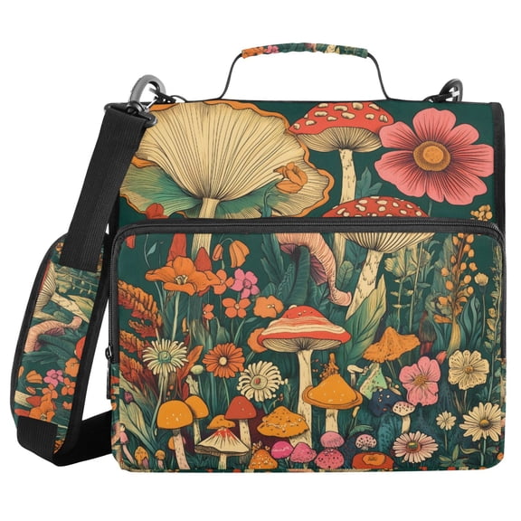 FORMRS Zipper Binder with Shoulder Strap 2-inch Ring 500 Sheet Capacity File Bag, Floral Mushroom