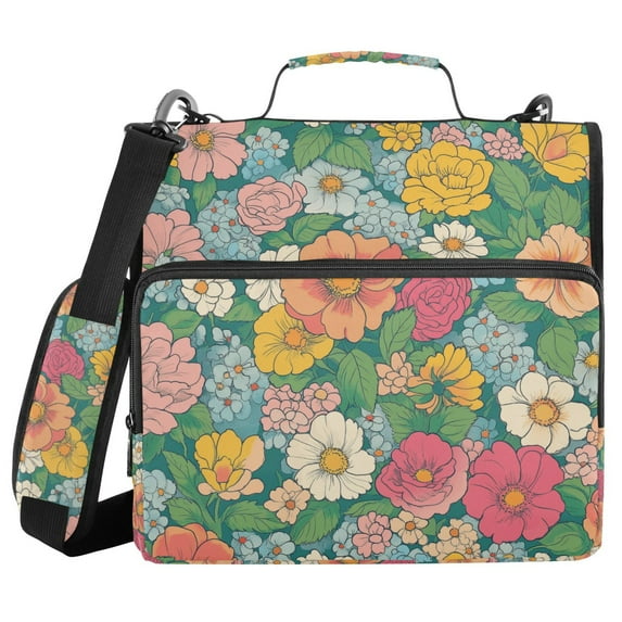 FORMRS Zipper Binder with Shoulder Strap 1.5-inch Ring 500 Sheet Capacity File Bag, Floral Pattern