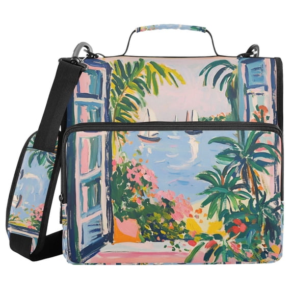 FORMRS Zipper Binder with Shoulder Strap 2-inch Ring 500 Sheet Capacity File Bag, Floral Seaside