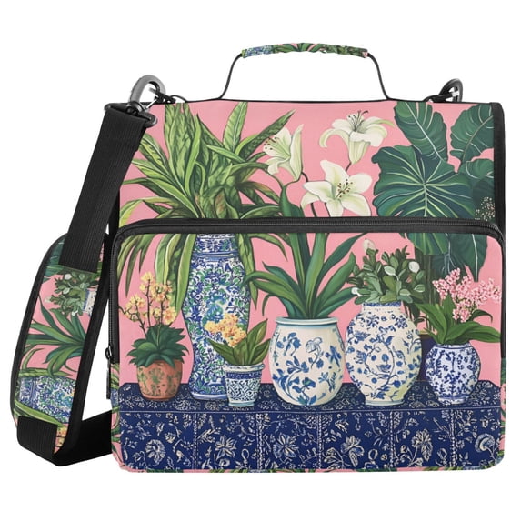 FORMRS Zipper Binder with Shoulder Strap 2-inch Ring 500 Sheet Capacity File Bag, Floral Vase