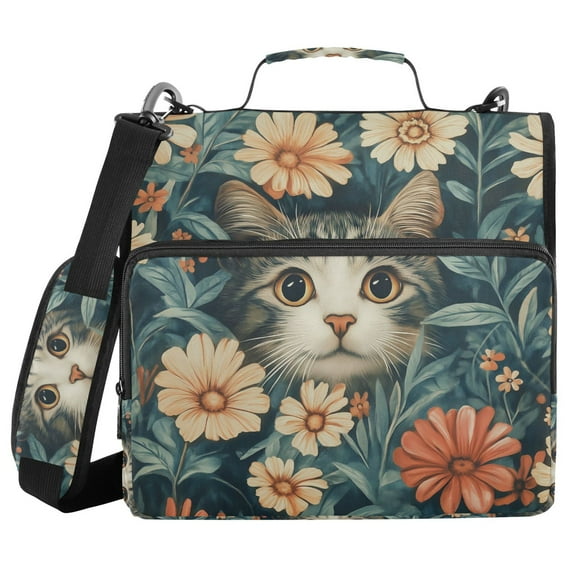 FORMRS Zipper Binder with Shoulder Strap 1.5-inch Ring 500 Sheet Capacity File Bag, Flowers Cat