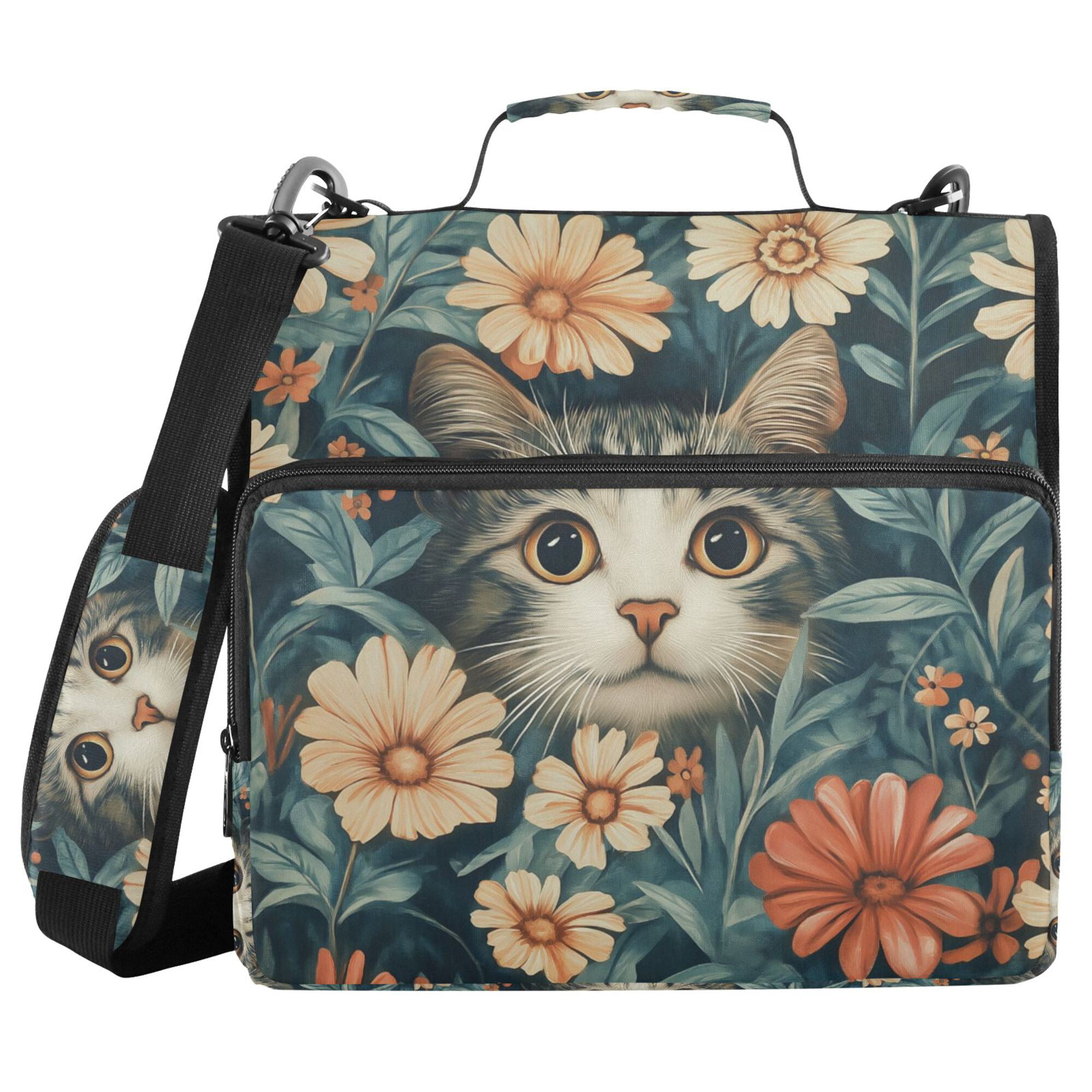 FORMRS Zipper Binder with Shoulder Strap 2-inch Ring 500 Sheet Capacity File Bag, Flowers Cat