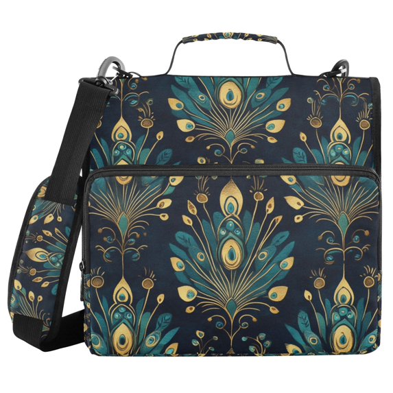 FORMRS Zipper Binder with Shoulder Strap 2-inch Ring 500 Sheet Capacity File Bag, Gold Peacock Pattern
