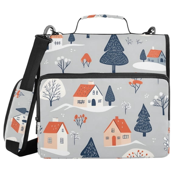 FORMRS Zipper Binder with Shoulder Strap 2-inch Ring 500 Sheet Capacity File Bag, Gray Cartoon Houses